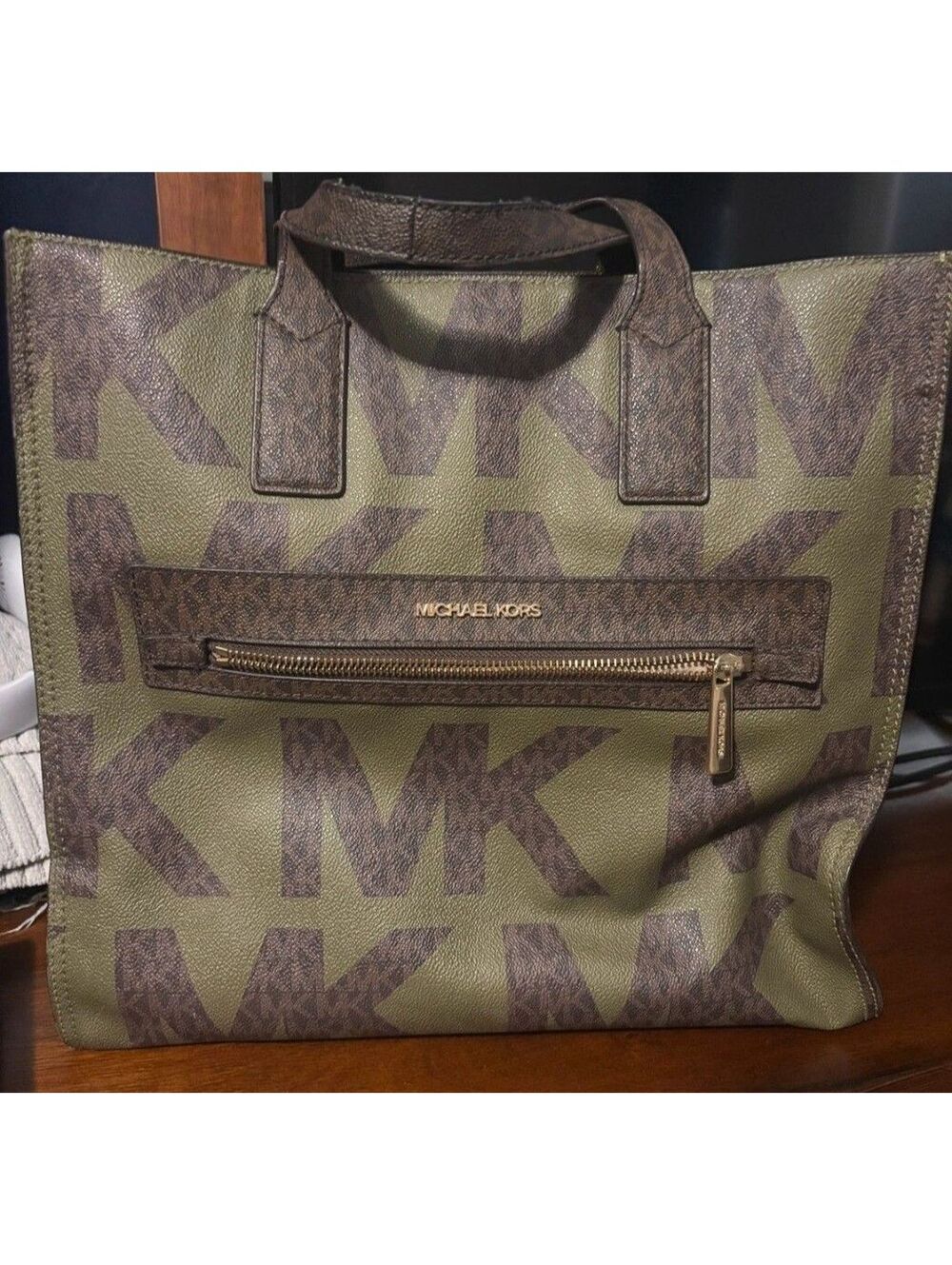 34. Michael Kors Kenly Large Graphic Signature Tote in the olive green/brown